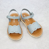 Toddler Girls Vintage Inspired Classic Scalloped Leather Sandal - Girls Open Toe Scalloped Sandal In Dusty Blue
