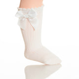 Girls White Cotton Bow Knee Socks - Babychelle.com
