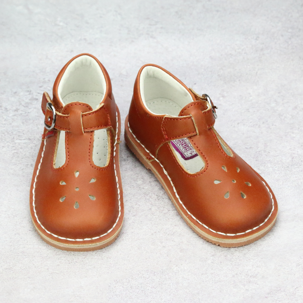 L'Amour Girls Waxed Leather T-Strap Mary Janes In Cognac, Burgundy