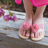 L'Amour Girls Pink Pom Pom Leather Thong Sandal - Babychelle.com 