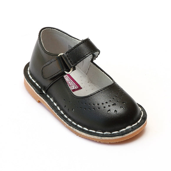 L'Amour Girls Classic 758 Black Leather Mary Janes - Babychelle.com