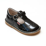 L'Amour Girls Patent Black T-Strap Stitch Down Teardrop Mary Janes - Babychelle.com