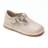 L'Amour Girls Selina Almond Leather Scalloped T-Strap Mary Janes - Babychelle.com