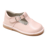 L'Amour Girls Selina Pink Leather Scalloped T-Strap Mary Janes - Babychelle.com