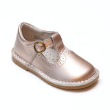 L'Amour Girls Frances Rosegold Perforated T-Strap School Leather Mary Janes - Babychelle.com