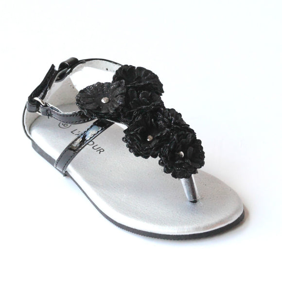 L'Amour Girls C-611 Black Flower Thong Sandals