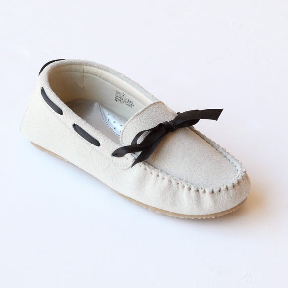 L'Amour Girls C-840 Cream/Gray Leather Loafers with Bow