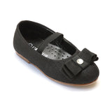 L'Amour Girls Black Linen Ballet Flats with Bow and Strap - Babychelle.com