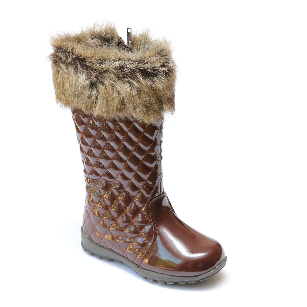 FINAL SALE L Amour Girls Patent Brown Faux Fur Cuff Boots Babychelle