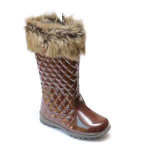 L'Amour Girls Patent Brown Faux Fur Cuff Boots - Babychelle.com