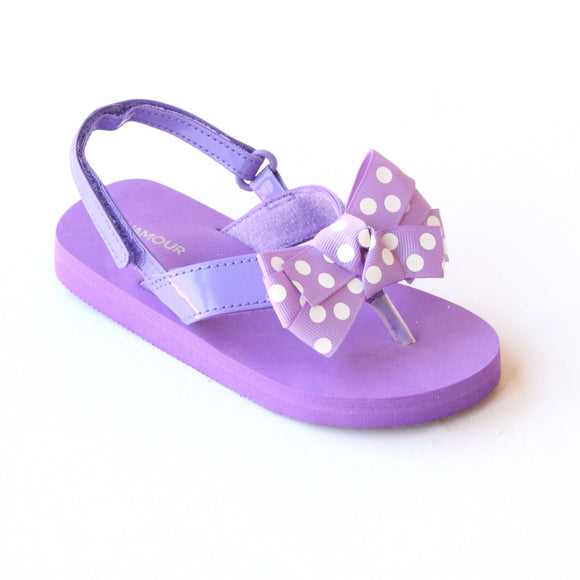 L'Amour Girls Polka Dot Bow Purple Flip Flop Sandals