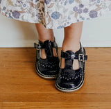 L'Amour Girls Patent Navy T-Strap Stitch Down Teardrop Mary Janes - Babychelle.com