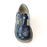 L'Amour Girls Patent Navy T-Strap Stitch Down Teardrop Mary Janes - Babychelle.com