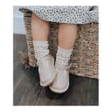 L'Amour Girls Selina Almond Leather Scalloped T-Strap Mary Janes - Babychelle.com