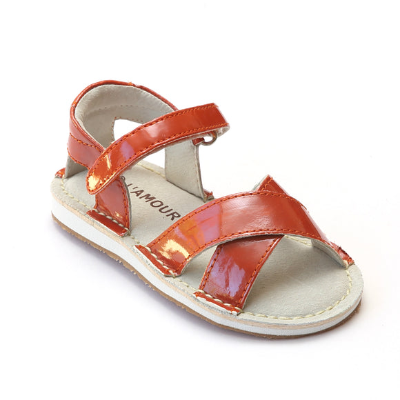 L'Amour Girls Patent Tangerine Crisscross Sandals - Babychelle.com