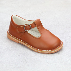 L'Amour Girls Selina Cognac Leather Scalloped T-Strap Mary Janes - Babychelle.com