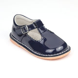 L'Amour Girls Selina Patent Navy Leather Scalloped T-Strap Mary Janes - Babychelle.com