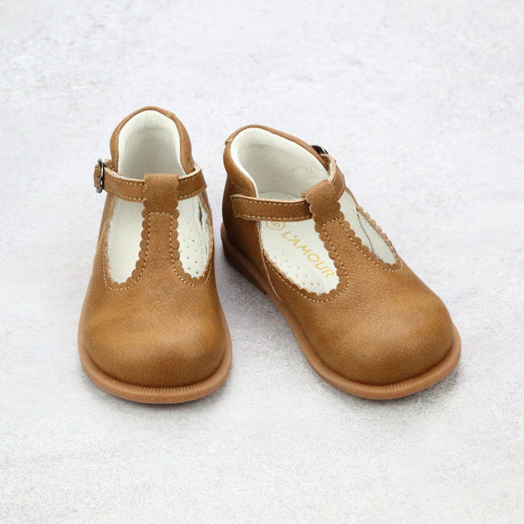 Louise Toddler Girls Chestnut Leather Scalloped T-Strap Mary Janes For School and Holidays