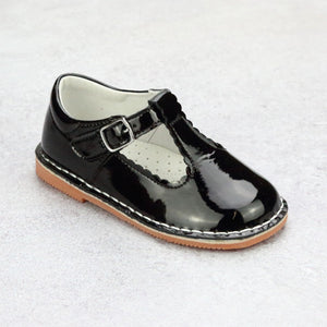 L'Amour Girls Selina Patent Black Leather Scalloped T-Strap Mary Janes - Babychelle.com