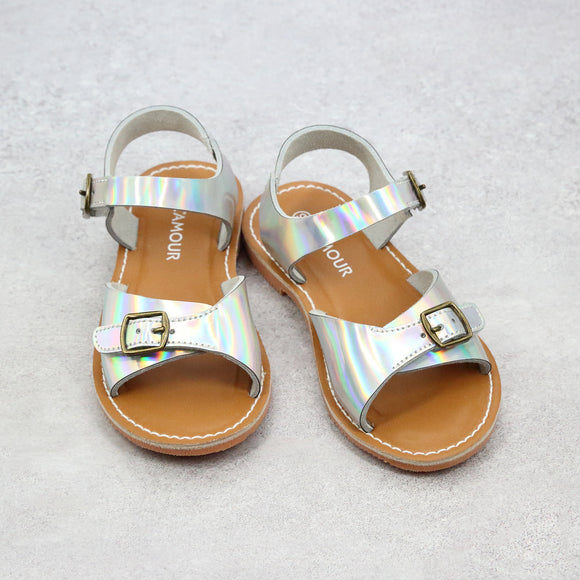 Olympia Girls Vintage Inspired Holographic Leather  Buckled Sandal
