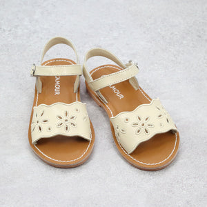 L'Amour Girls Augusta Girls Embroidered Scalloped Openwork Open Toe Leather Sandal - Champagne