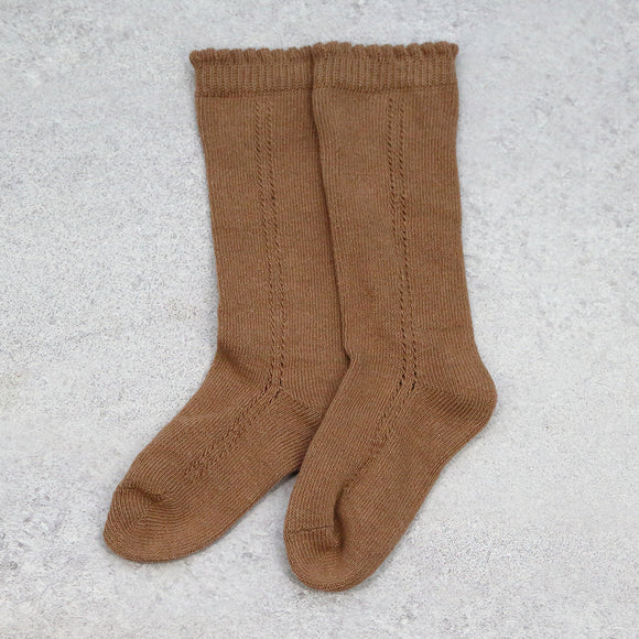 Girls Milk Chocolate Openwork Knee Sock - L'Amour Shoes