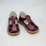 L'Amour Girls T-Strap Embroidered Stitch Down Mary Jane - Patent Burgundy