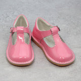 L'Amour Girls Selina Patent Malibu Pink Leather Scalloped T-Strap Mary Janes - Babychelle.com
