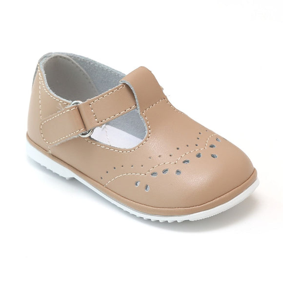 Angel Baby Girls Latte Leather T-Strap Mary Janes