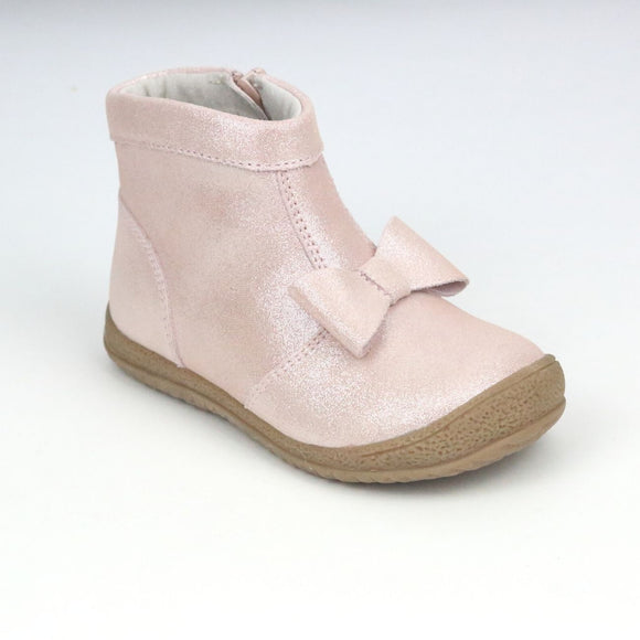 Girls Blush Pink Shimmer Suede Leather Bow Leather Ankle Boot by L'Amour Shoes - Babychelle.com