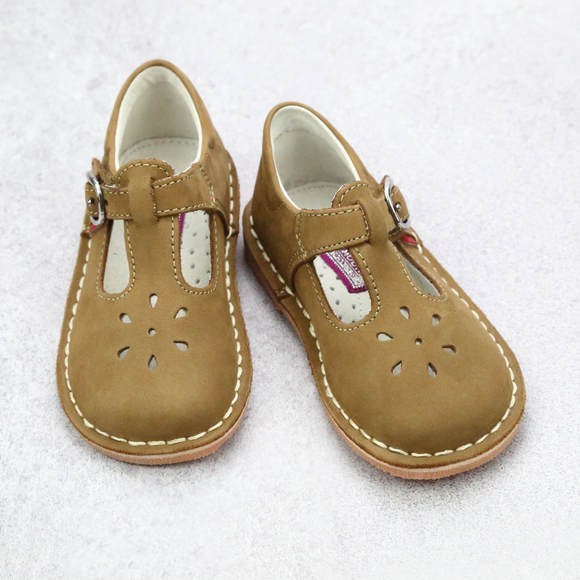 Girls Classic Vintage Inspired Nubuck Khaki T-Strap Mary Janes - Heirloom Shoes - Babychelle.com 