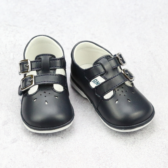 Angel Baby Girls Hattie Double Buckle Navy Leather English Mary Jane - Babychelle.com