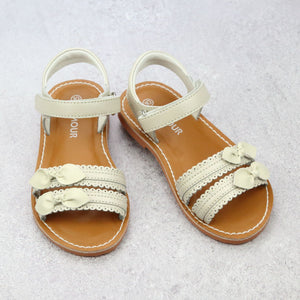 Toddler girls classic scalloped light stone leather bow sandal - Babychelle.com