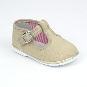Baby Girls Poppy Biscuit Sand Canvas T-Strap Mary Janes - Babychelle.com