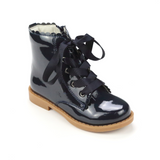 Toddler Girls Fashion Scallop Lace Up Boot In Patent Navy - Babychelle.com