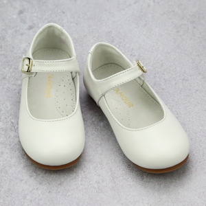 Girls Toddler Classic Pearl White  Leather Flats / Mary Janes Bow  - Classic Girls Easter Spring Shoes - Babychelle.com