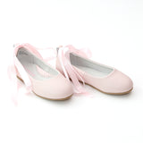 L'Amour Girls Pink Leather Flats with Satin Lace - Babychelle.com