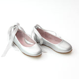 L'Amour Girls Silver Leather Flats with Satin Lace - Babychelle.com