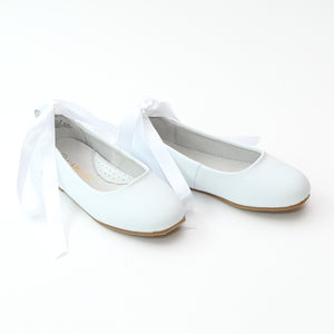 L'Amour Girls White Leather Flats with Satin Lace - Babychelle.com