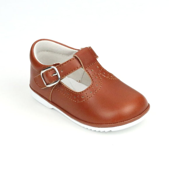 Baby Girls Gemma Cognac Waxed Leather T-Strap Mary Janes - Babychelle.com