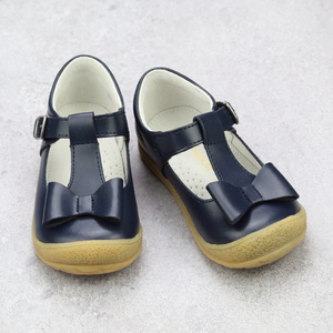 Girls Navy Leather T-Strap Bow Mary Jane - Classic Girls Playground Mary Janes Shoes - Babychelle.com