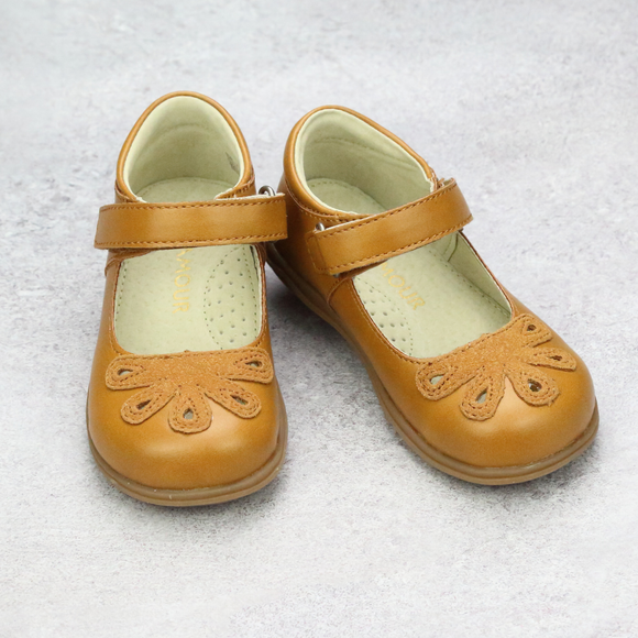 L'Amour Shoes Girls Mustard Bloom Gold Mary Janes - Babychelle.com