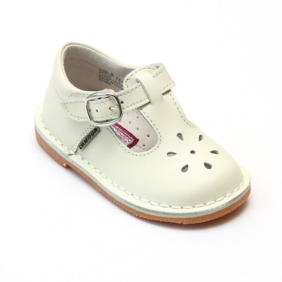 L'Amour Girls Classic 751 Ecru Leather Mary Janes - Babychelle.com