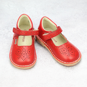 Girls Classic T-Strap Mary Jane in Bright Red - Vintage Inspired Mary Janes - Heirloom Classic Shoes - Medallion - Babychelle.com