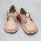 Classic Girls Pink Leather Scallop T-Strap Mary Janes for Easter and Spring - Heirloom Vintage Inspired Shoes - Babychelle.com