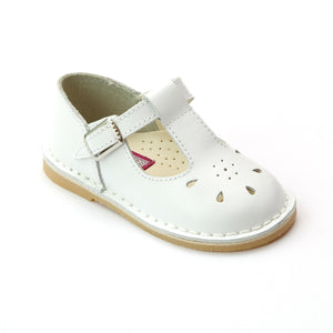 L'Amour Shoes Girls 837 White T-Strap Leather Mary Janes - Babychelle.com