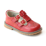 L'Amour Girls Red Double T-Strap Buckled Leather Medallion Mary Jane - Babychelle.com