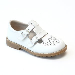 L'Amour Girls White Double T-Strap Buckled Medallion Mary Janes - Babychelle.com
