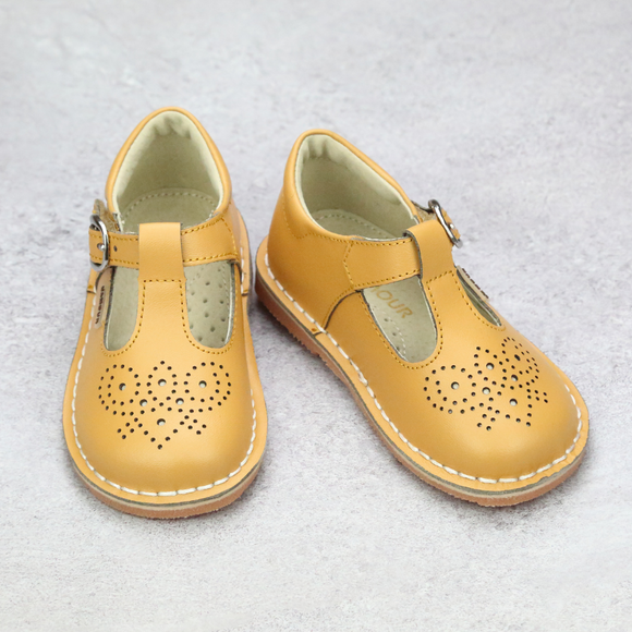 Girls Classic T-Strap Mary Jane in Mustard- Vintage Inspired Mary Janes - Heirloom Classic Shoes - Medallion - Babychelle.com
