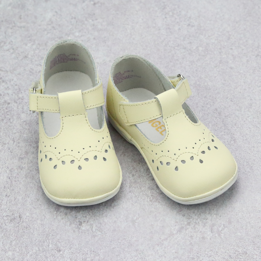 Angel Baby Girls Ecru Leather T Strap Mary Janes